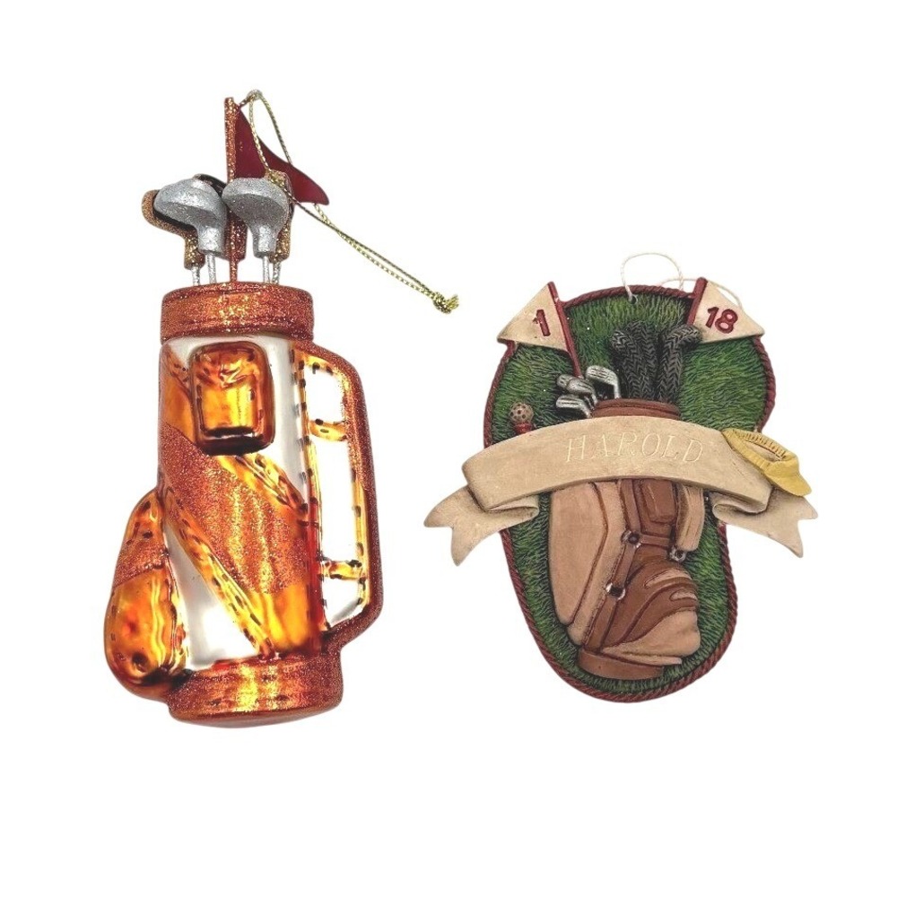 Golf Bag Christmas Ornaments Set of 2 Orange Green Resin Glass